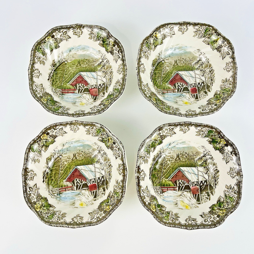 Johnson Bros FRIENDLY VILLAGE Ironstone Square Soup Cereal Bowls Set of 4 VTG